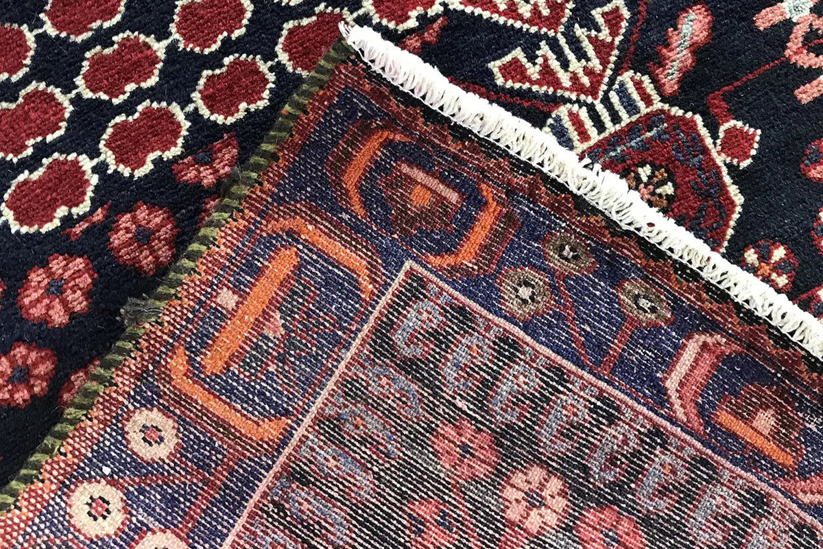 Close-up of a carpet edge: dark blue base, red pattern, and white fringes