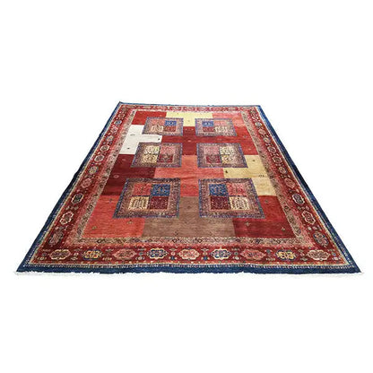 Rug with a red central field, yellow accents and a blue border frieze