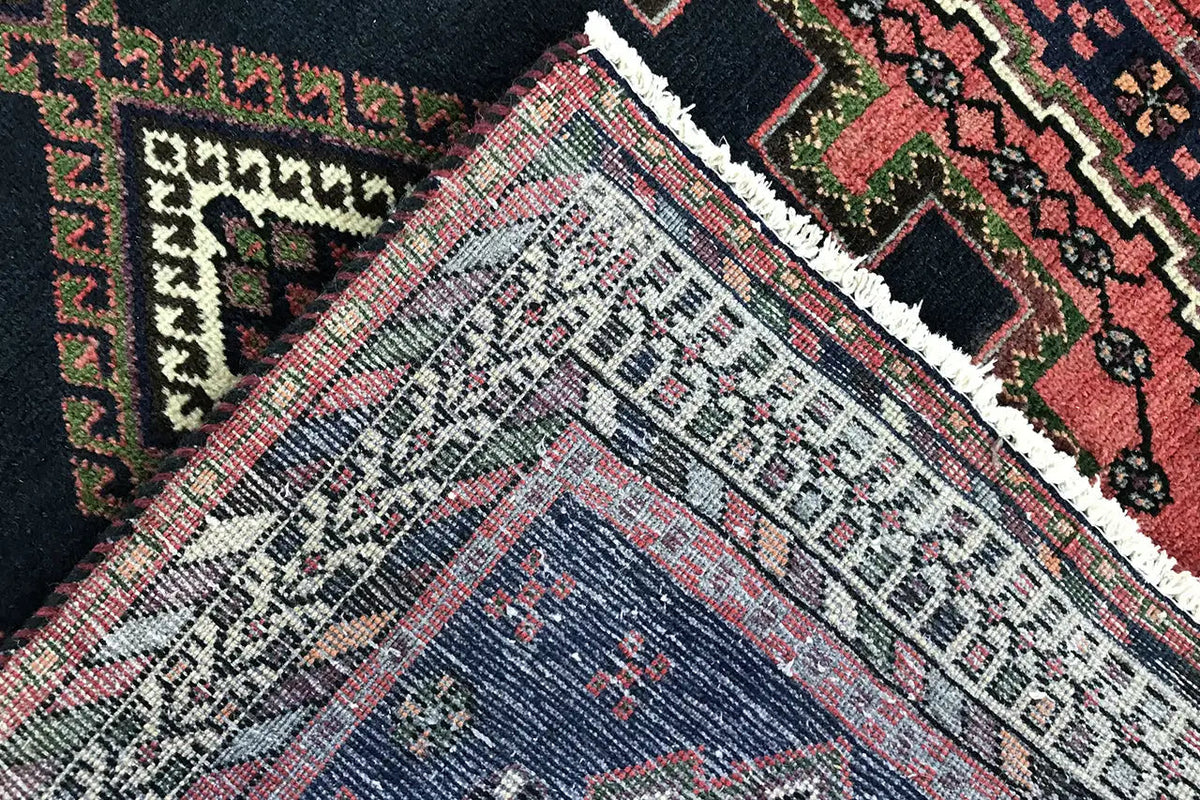 Close-up of Sirjan runner: patterned area with dark blue, red and green, as well as a white border