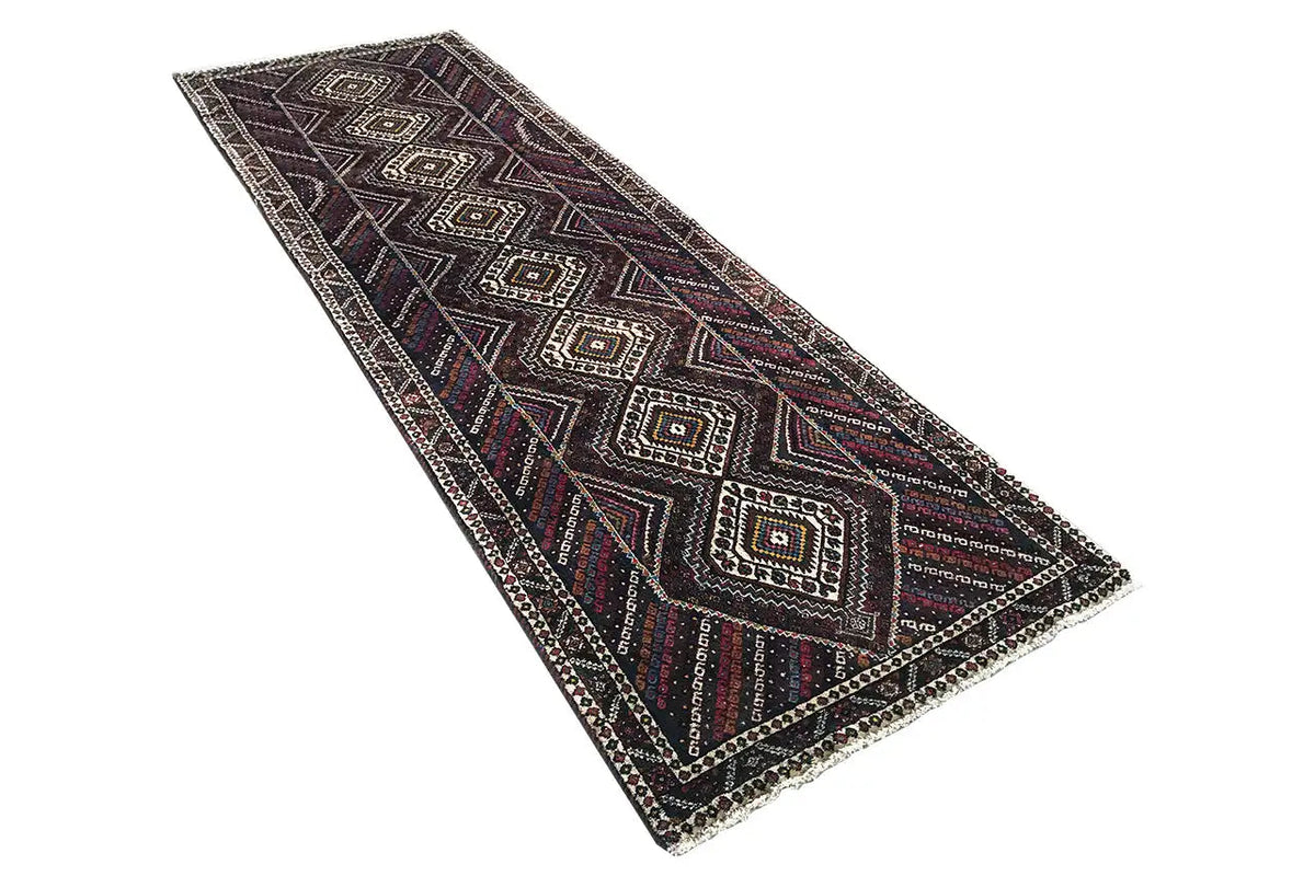Runner with multicolored diamonds and lines, border trim, dark background