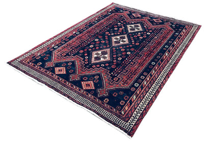 Carpet with a diagonal view: dark blue surface, red and white ornaments, wide border