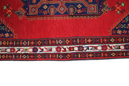 Red and dark blue rug border with ornamental stripes, with fringes at the sides