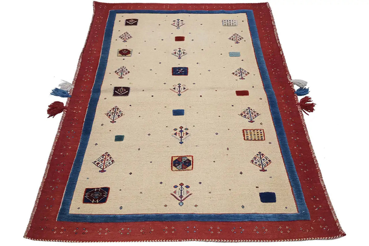 Soumak rug 15407 in beige with a red border, blue central band, and geometric patterns