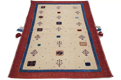 Soumak rug 15407 in beige with a red border, blue central band, and geometric patterns