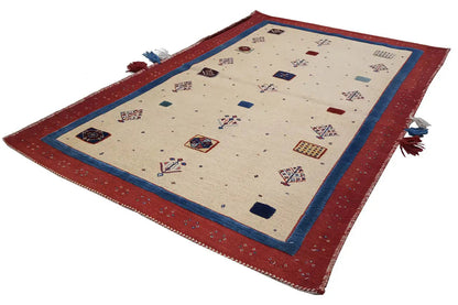 Soumakh rug 15407, beige field with a blue border and red border pattern