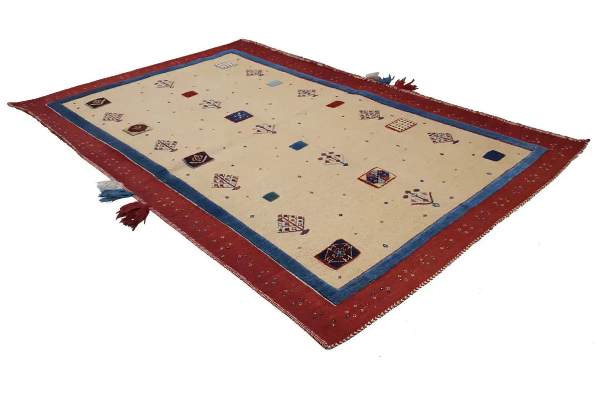 Soumakh rug 15407 with beige field, red border, blue central band, and tassels