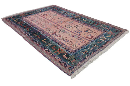 Soumak rug with a geometric pattern, pink-beige center, dark blue border, fringe
