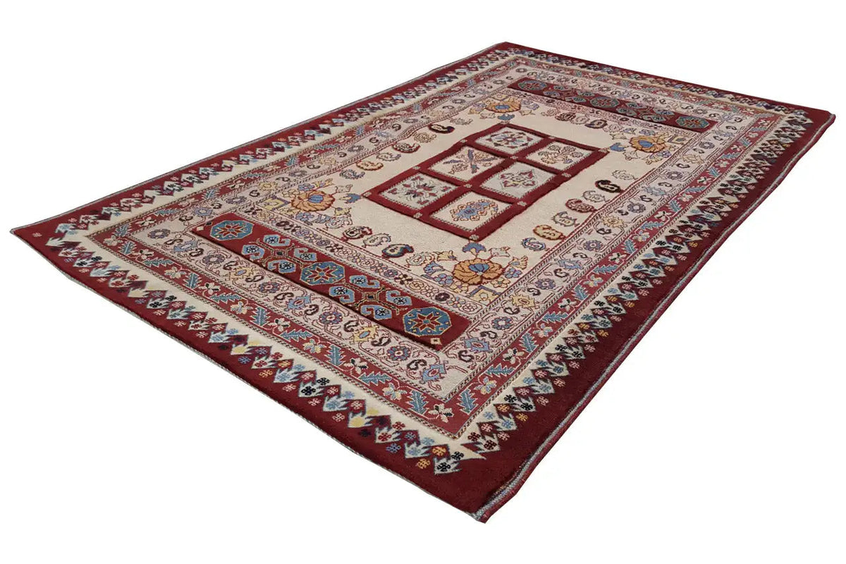 Rug 168x106 cm with border and medallion design in red, beige, and blue