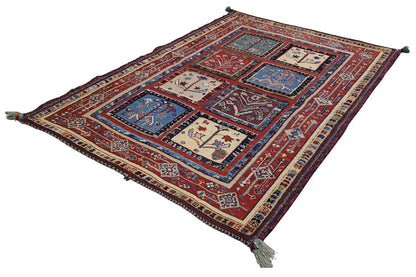 Soumak rug 116x84 cm with a red background and blue-patterned panels, tassels