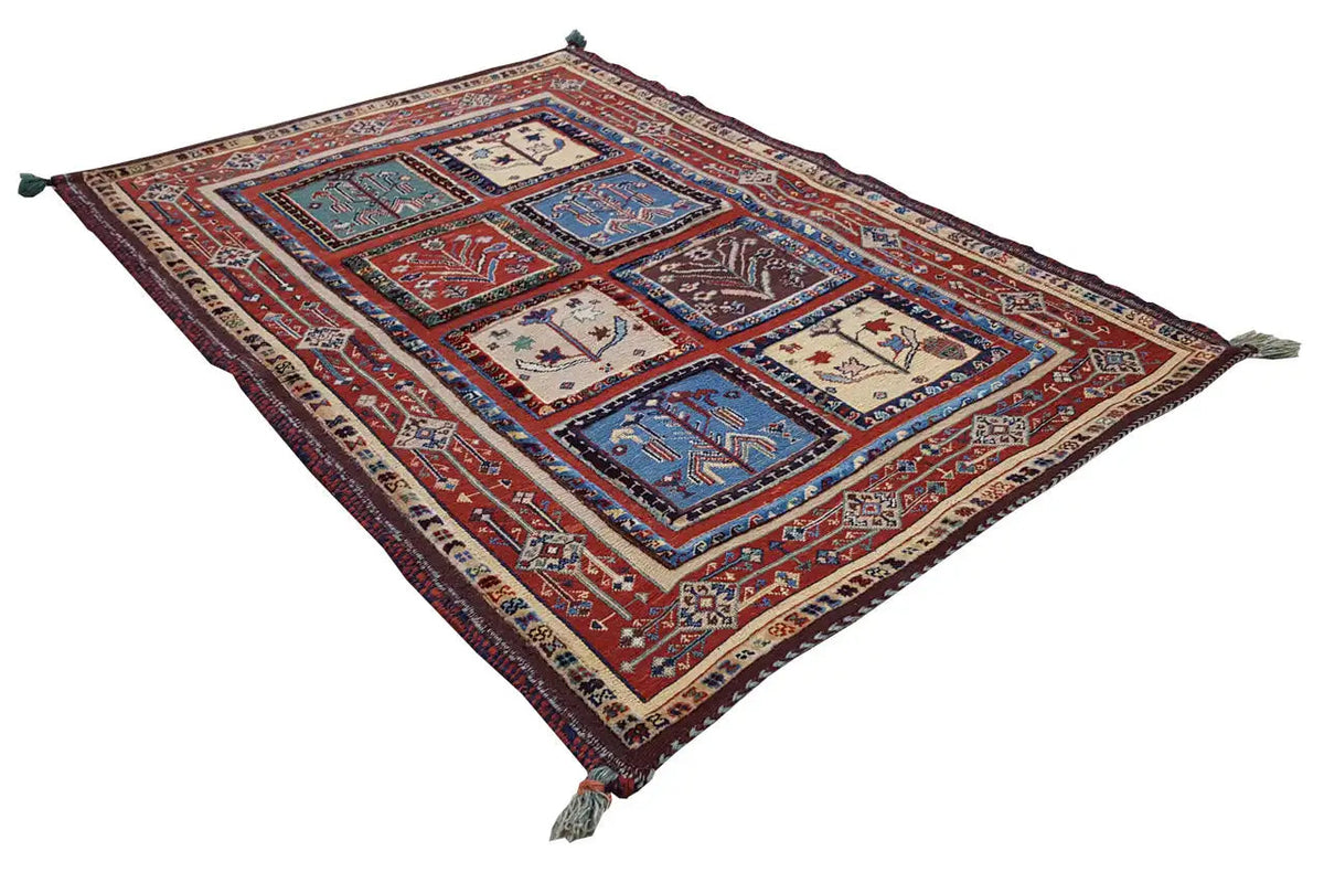 Soumak rug 116x84 cm with geometric medallions in blue and red, corner tassels