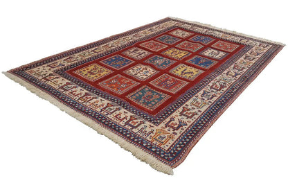 Soumak rug 149x104 cm with red geometric pattern and multicolored border