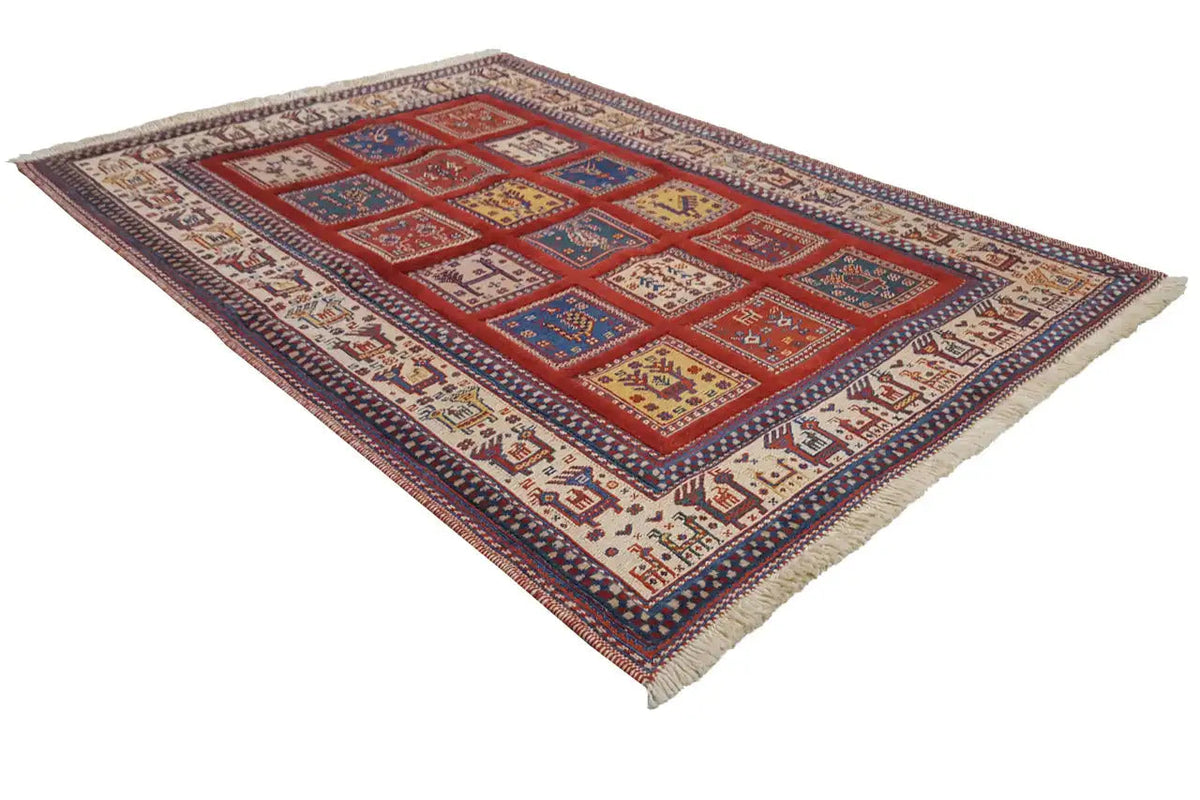 Rug 149x104 cm with a red central motif and blue-beige ornamental panels