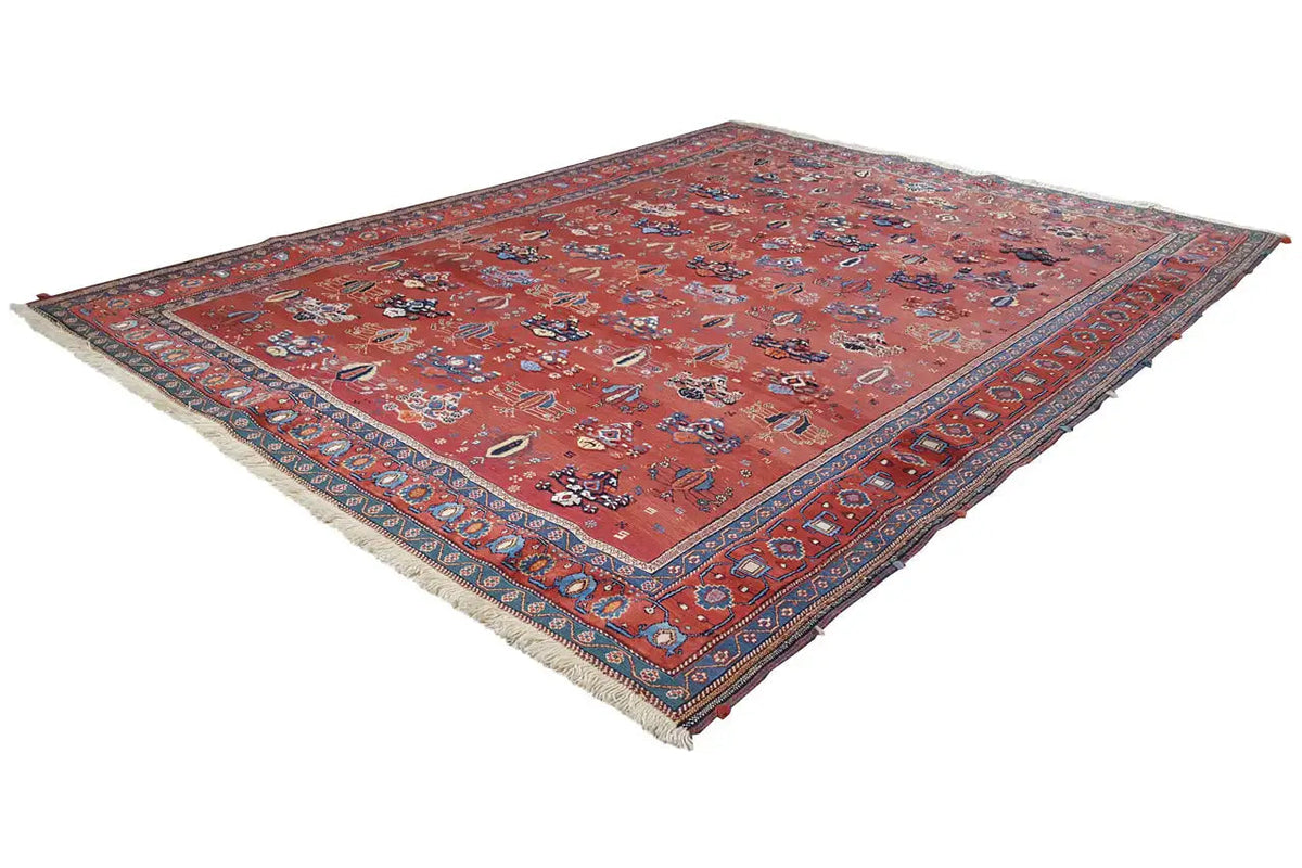 Soumak rug with a red and colorful ornamental pattern, handwoven look, 288×213 cm