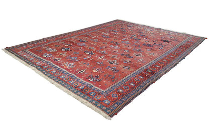 Soumak rug with a red and colorful ornamental pattern, handwoven look, 288×213 cm