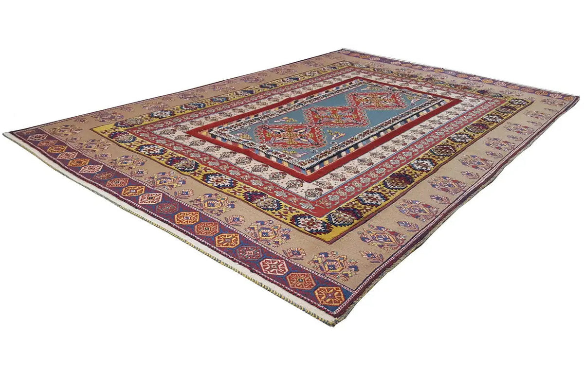 Soumak rug 244x166 cm: border and central medallion, red/blue/beige
