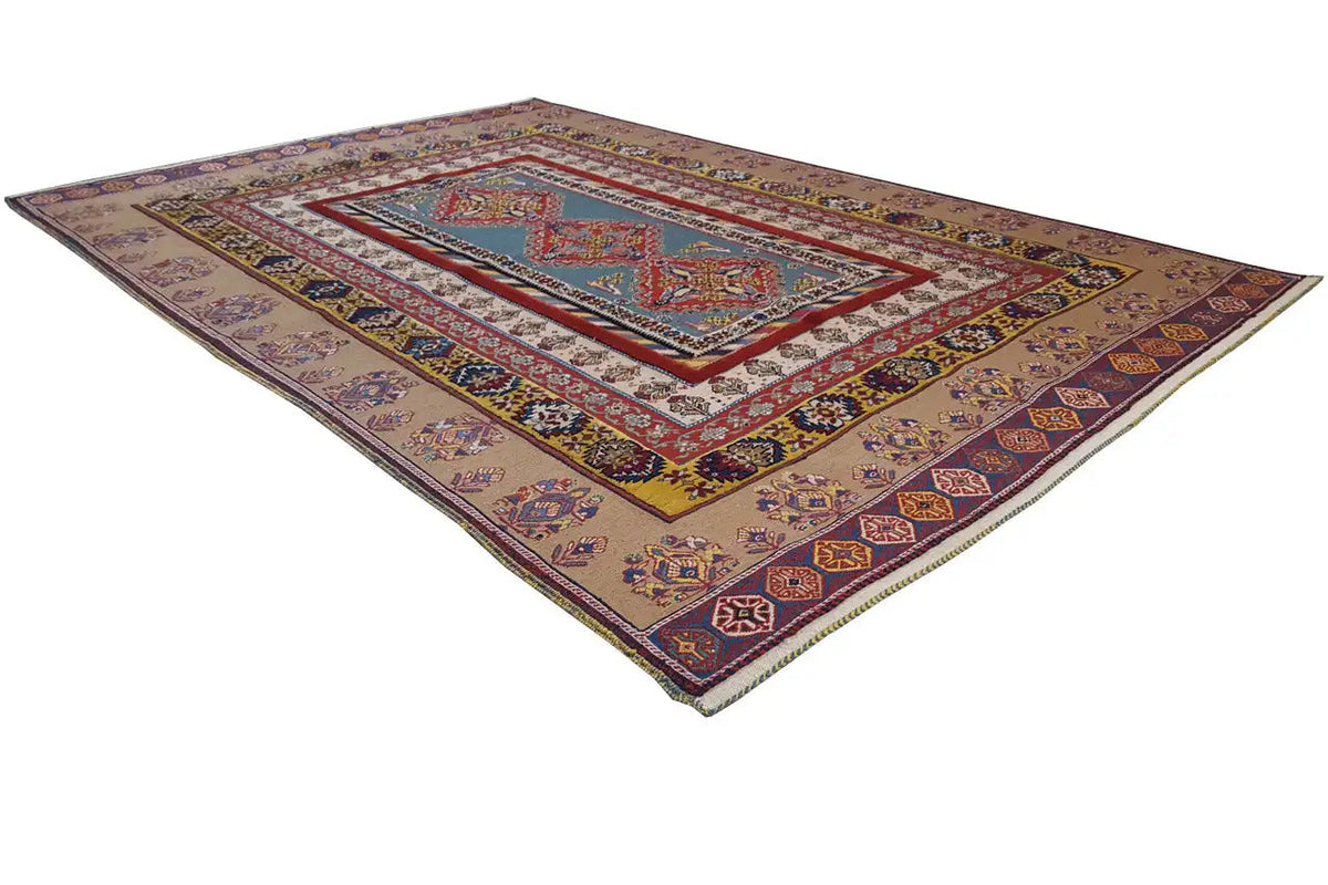 Soumak rug 244x166 cm, rectangular with a geometric pattern in red, blue, and beige