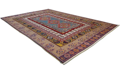 Soumak rug 244x166 cm, rectangular with a geometric pattern in red, blue, and beige