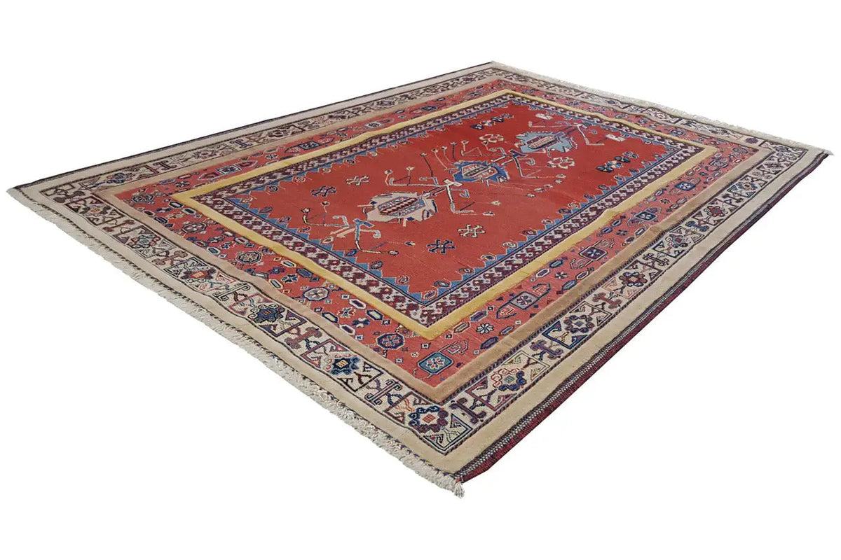 Soumak rug (197x143 cm) with a red background, blue and beige medallions