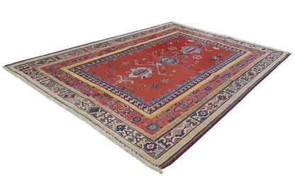Soumak rug (197x143 cm) with a red background, blue and beige medallions