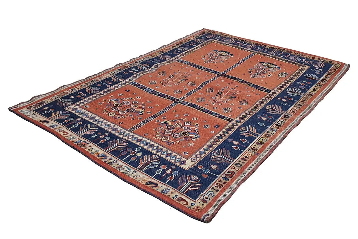 Soumak rug, rectangular, orange and blue with geometric pattern, 149x105 cm