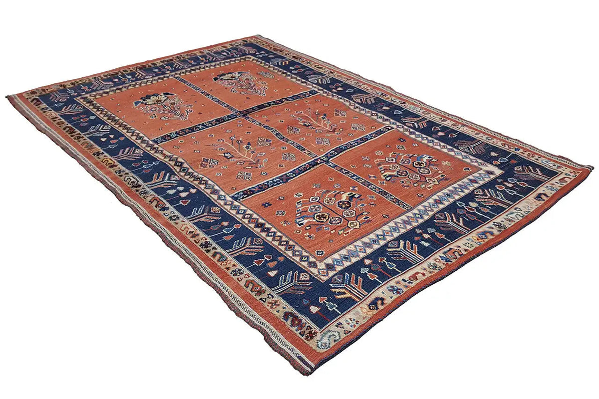 Soumak rug, rectangular, orange/blue fields with ornaments and borders, 149x105 cm