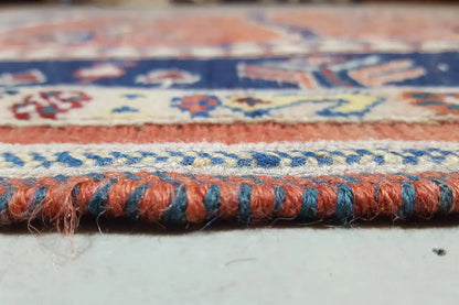 Soumak rug border with blue decorative lines and orange fringes, 149x105 cm