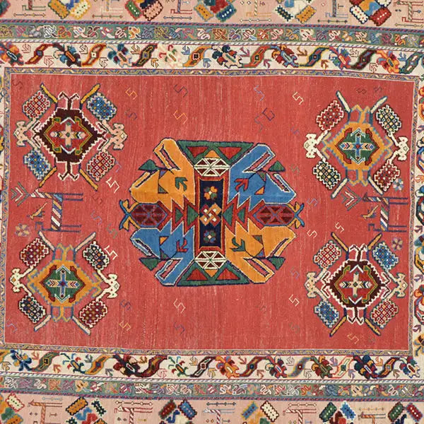 Soumak rug (200x145 cm) with red rectangle and symmetrical ornaments