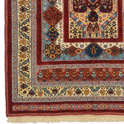 Soumak rug (160x119 cm) with central medallion, red and blue patterns, and fringes