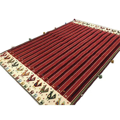 Soumak rug, reddish-brown striped, cream-colored sides with patterns and tassel corners