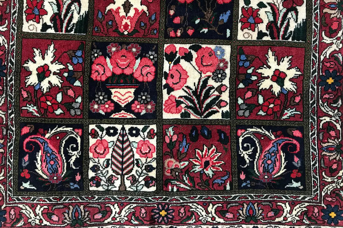 Oriental rug with square floral and ornamental motifs in red, blue, and cream