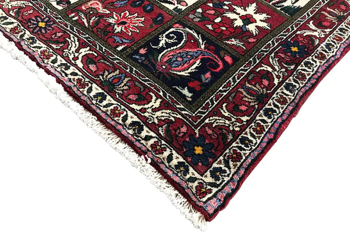 Corner view of an oriental rug with fringes and a border in red, dark blue, and cream