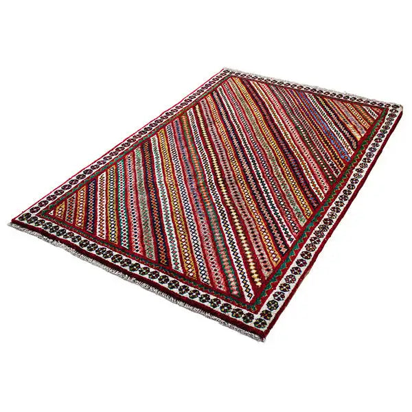 Gabbeh rug with striped pattern, 171x112 cm, multicolored border and zigzag details