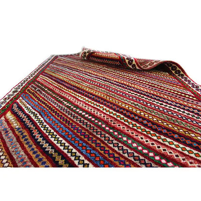 Gabbeh rug with a rolled-edge look, multicolored diagonal stripes, and border