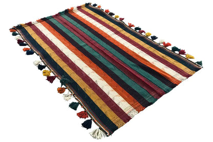 Jajim rug with wide stripes in green, red, blue, and fringes, approx. 212x137 cm