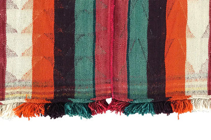 Lower edge of a Jajim rug with fringes and multicolored stripes, woven pattern