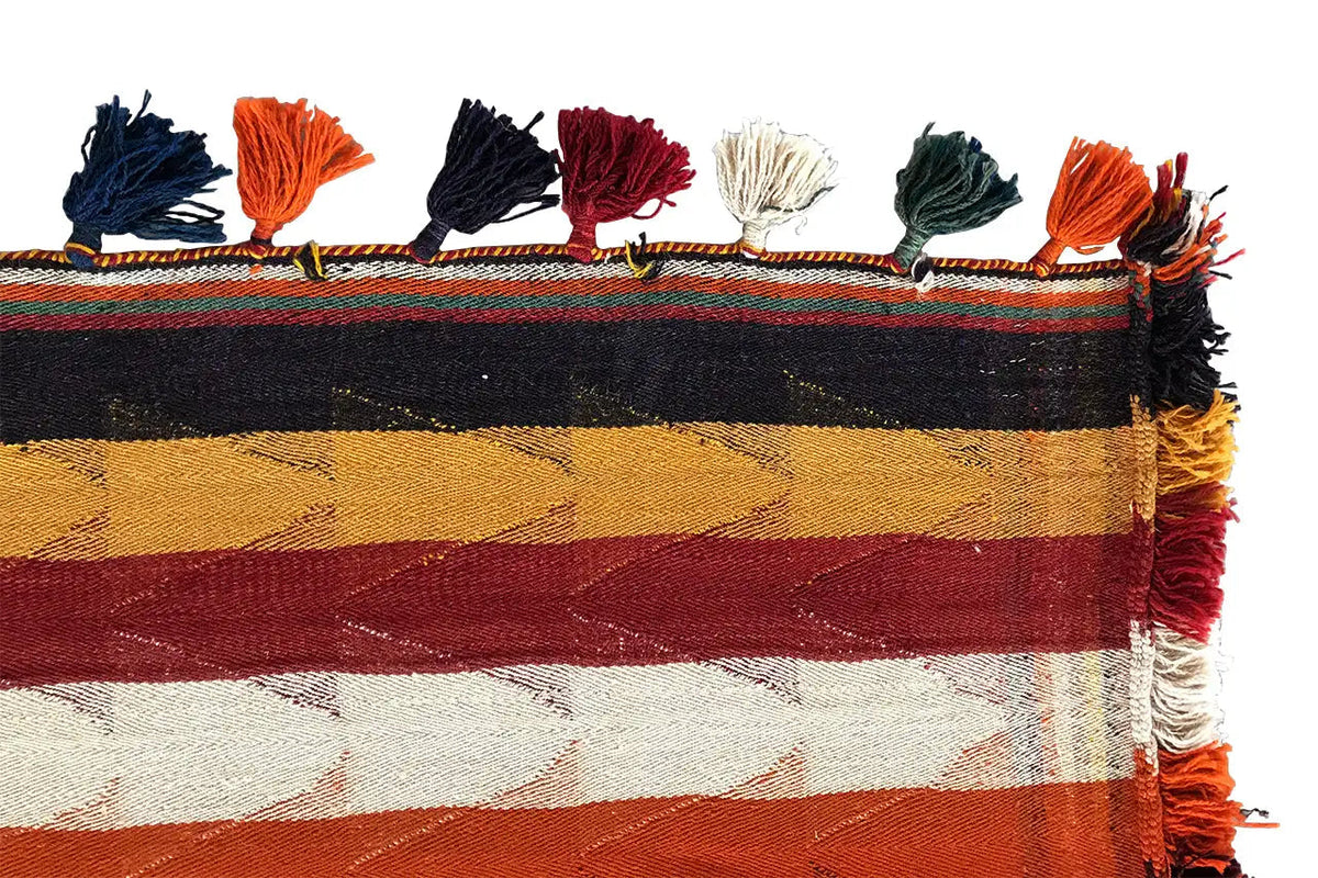 Jajim rug with a row of fringe along the edge and a striped color scheme