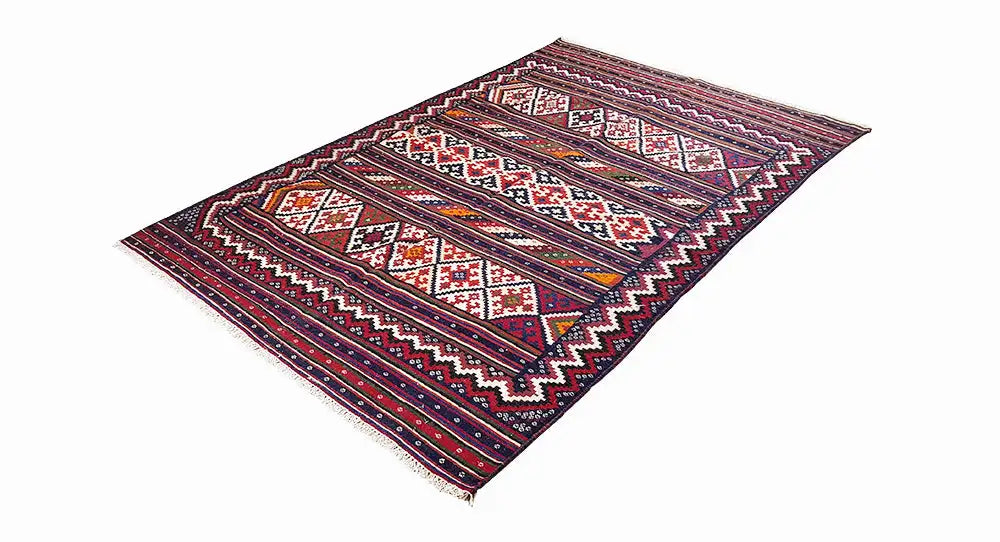 Kilim rug Kilim Sirjan 905428 in dark blue with medallion and diamond border