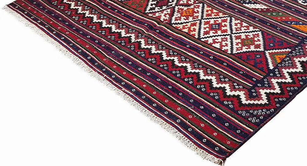 Kilim rug Kilim Sirjan 905428: diagonal detail with fringe and zigzag pattern