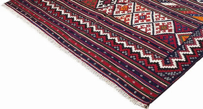 Kilim rug Kilim Sirjan 905428: diagonal detail with fringe and zigzag pattern