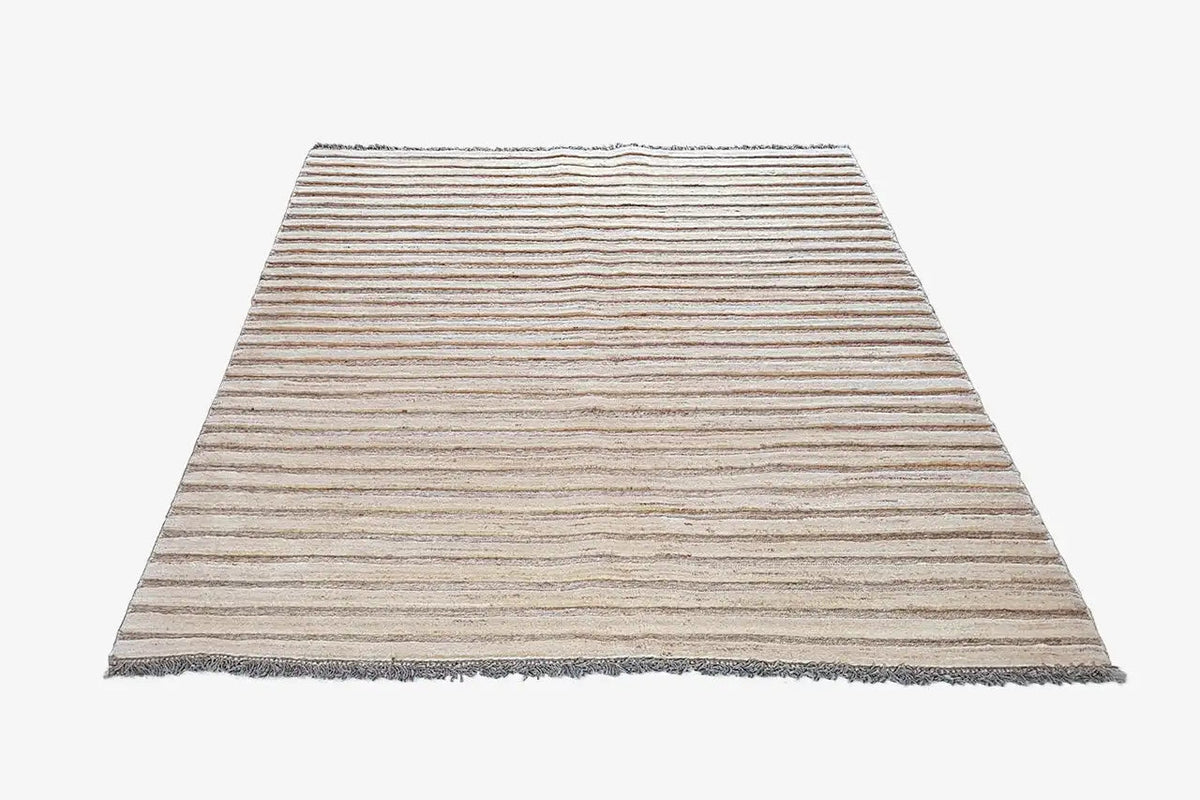 Kelim Gabbeh rug: all-over striped pattern in beige and brown with a surrounding fringed edge