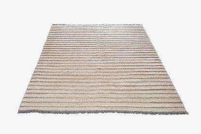 Kelim Gabbeh rug: all-over striped pattern in beige and brown with a surrounding fringed edge