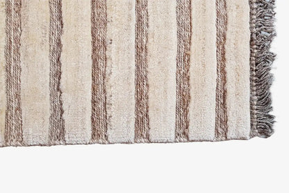 Kilim gabbeh rug edge with side fringes, vertical stripes in beige and brown