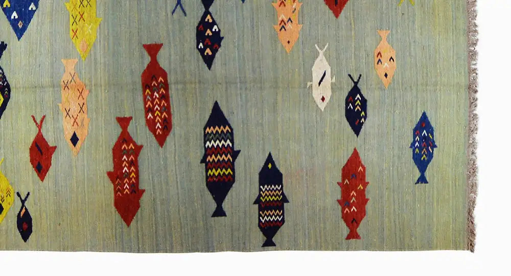 Multicolored kilim with fish motifs on light blue, 209×139 cm