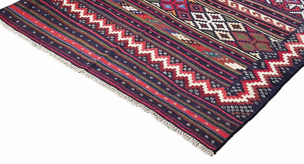 Kilim rug with geometric pattern and fringe at the corner, dark blue/bordeaux