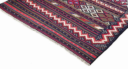 Kilim rug with geometric pattern and fringe at the corner, dark blue/bordeaux