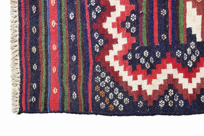 Kilim rug corner with multicolored diamonds, zigzag stripes, and a woven border