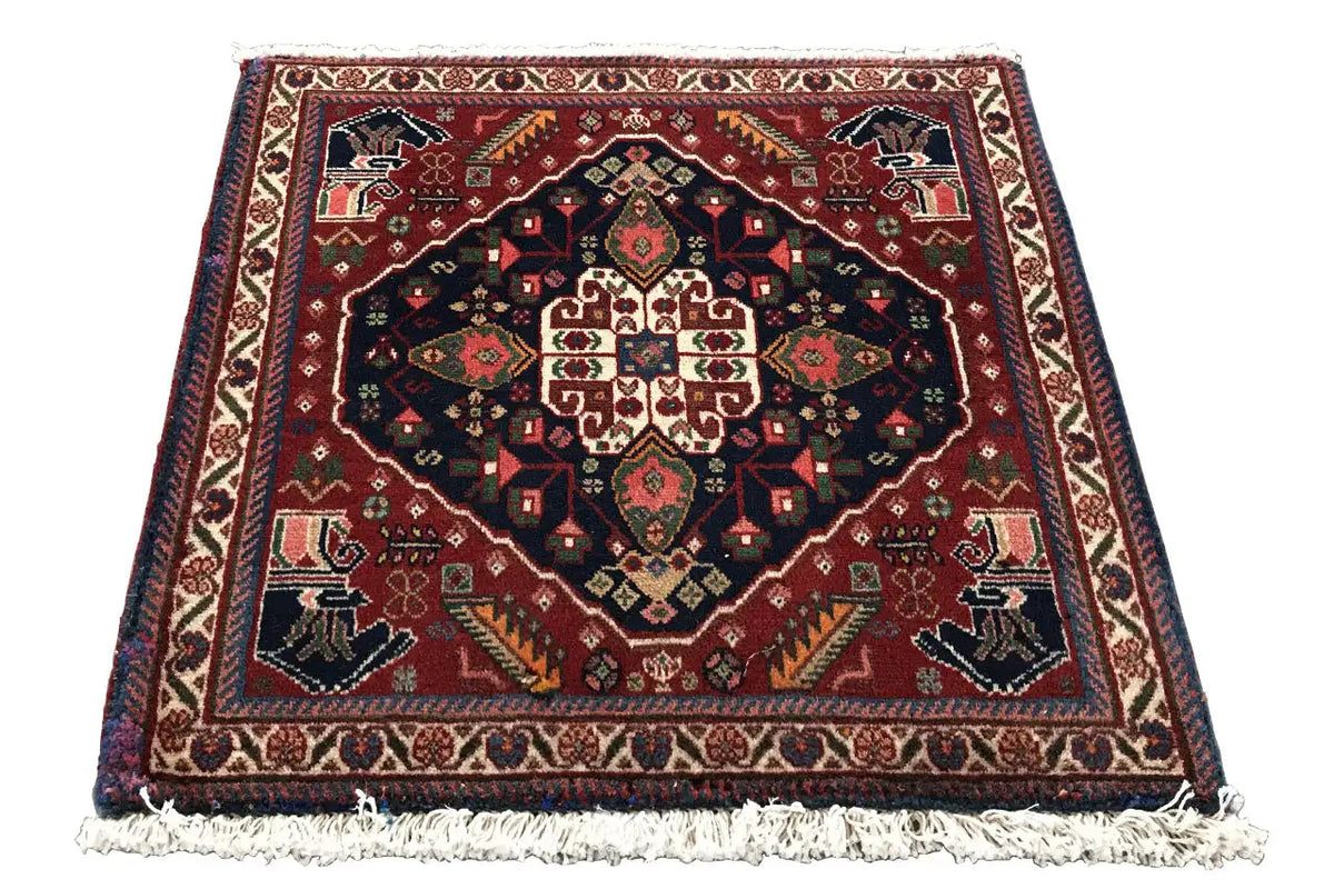 Qashqai rug with medallion pattern, dark background, colorful borders, and fringes