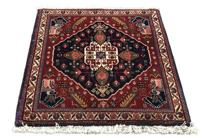 Qashqai rug with medallion pattern, dark background, colorful borders, and fringes