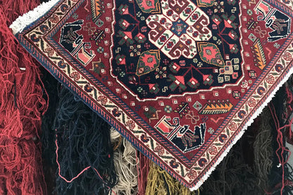 Rug with side fringes and a multicolored geometric pattern