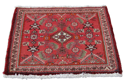 Red carpet with an oriental pattern, border, and white fringed edge